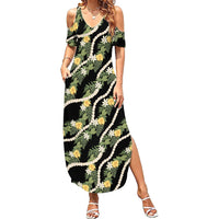 Hawaiian Pikake Maile Lei Summer Maxi Dress Tiare Hibiscus Kalo Palapalai Leaf Black LT19 Women Black - Polynesian Pride