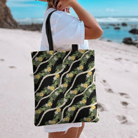 Hawaiian Pikake Maile Lei Tote Bag Tiare Hibiscus Kalo Palapalai Leaf Black