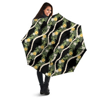 Hawaiian Pikake Maile Lei Umbrella Tiare Hibiscus Kalo Palapalai Leaf Black