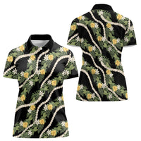 Hawaiian Pikake Maile Lei Women Polo Shirt Tiare Hibiscus Kalo Palapalai Leaf Black LT19 - Polynesian Pride