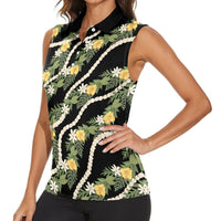 Hawaiian Pikake Maile Lei Women Sleeveless Polo Shirt Tiare Hibiscus Kalo Palapalai Leaf Black LT19 - Polynesian Pride