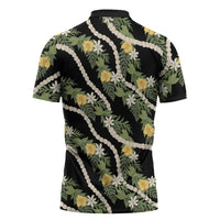 Hawaiian Pikake Maile Lei Zipper Polo Shirt Tiare Hibiscus Kalo Palapalai Leaf Black LT19 - Polynesian Pride