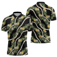 Hawaiian Pikake Maile Lei Zipper Polo Shirt Tiare Hibiscus Kalo Palapalai Leaf Black LT19 - Polynesian Pride