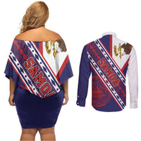 American Samoa Flag Day Couples Matching Off Shoulder Short Dress and Long Sleeve Button Shirt Polynesian Tribal Tattoo Eagle Art