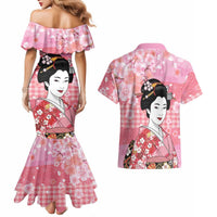 Japanese Geisha Cherry Blossom Couples Matching Mermaid Dress and Hawaiian Shirt Pink Palaka Hawaii Pattern Fusion Design LT19 - Polynesian Pride