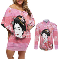 Japanese Geisha Cherry Blossom Couples Matching Off Shoulder Short Dress and Long Sleeve Button Shirt Pink Palaka Hawaii Pattern Fusion Design LT19 Pink - Polynesian Pride