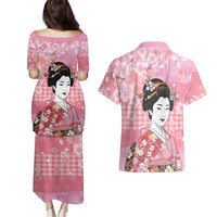 Japanese Geisha Cherry Blossom Couples Matching Puletasi and Hawaiian Shirt Pink Palaka Hawaii Pattern Fusion Design LT19 - Polynesian Pride