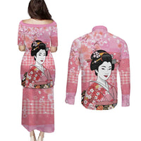 Japanese Geisha Cherry Blossom Couples Matching Puletasi and Long Sleeve Button Shirt Pink Palaka Hawaii Pattern Fusion Design LT19 - Polynesian Pride