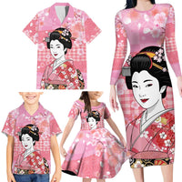 Japanese Geisha Cherry Blossom Family Matching Long Sleeve Bodycon Dress and Hawaiian Shirt Pink Palaka Hawaii Pattern Fusion Design LT19 - Polynesian Pride