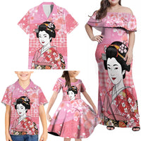 Japanese Geisha Cherry Blossom Family Matching Off Shoulder Maxi Dress and Hawaiian Shirt Pink Palaka Hawaii Pattern Fusion Design LT19 - Polynesian Pride