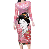Japanese Geisha Cherry Blossom Long Sleeve Bodycon Dress Pink Palaka Hawaii Pattern Fusion Design LT19 Long Dress Pink - Polynesian Pride