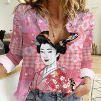 Japanese Geisha Cherry Blossom Women Casual Shirt Pink Palaka Hawaii Pattern Fusion Design LT19 Female Pink - Polynesian Pride