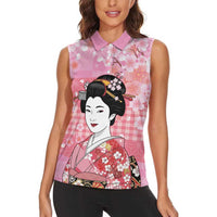 Japanese Geisha Cherry Blossom Women Sleeveless Polo Shirt Pink Palaka Hawaii Pattern Fusion Design LT19 - Polynesian Pride