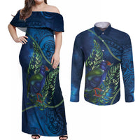 New Zealand Takahe Personalised Couples Matching Off Shoulder Maxi Dress and Long Sleeve Button Shirt Silver Fern Galaxy Polynesian Pattern LT22 Blue - Polynesian Pride