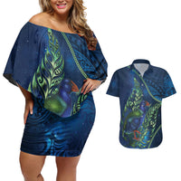 New Zealand Takahe Personalised Couples Matching Off Shoulder Short Dress and Hawaiian Shirt Silver Fern Galaxy Polynesian Pattern LT22 Blue - Polynesian Pride