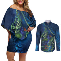 New Zealand Takahe Personalised Couples Matching Off Shoulder Short Dress and Long Sleeve Button Shirt Silver Fern Galaxy Polynesian Pattern LT22 Blue - Polynesian Pride