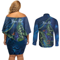 New Zealand Takahe Personalised Couples Matching Off Shoulder Short Dress and Long Sleeve Button Shirt Silver Fern Galaxy Polynesian Pattern LT22 - Polynesian Pride