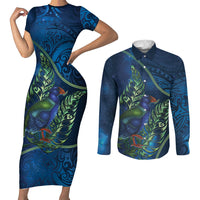 New Zealand Takahe Personalised Couples Matching Short Sleeve Bodycon Dress and Long Sleeve Button Shirt Silver Fern Galaxy Polynesian Pattern LT22 Blue - Polynesian Pride