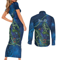 New Zealand Takahe Personalised Couples Matching Short Sleeve Bodycon Dress and Long Sleeve Button Shirt Silver Fern Galaxy Polynesian Pattern LT22 - Polynesian Pride