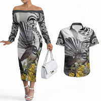 New Zealand Fantail Bird Couples Matching Off The Shoulder Long Sleeve Dress and Hawaiian Shirt Maori Piwakawaka Kowhai Maori Pattern