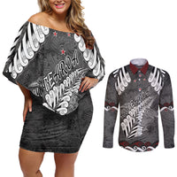New Zealand Weka Personalised Couples Matching Off Shoulder Short Dress and Long Sleeve Button Shirt Aotearoa Hen Silver Fern Maori Pattern LT22 Black - Polynesian Pride