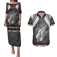 New Zealand Weka Personalised Couples Matching Puletasi and Hawaiian Shirt Aotearoa Hen Silver Fern Maori Pattern LT22 Black - Polynesian Pride
