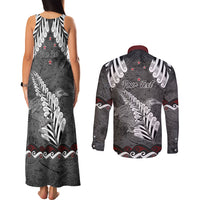 New Zealand Weka Personalised Couples Matching Tank Maxi Dress and Long Sleeve Button Shirt Aotearoa Hen Silver Fern Maori Pattern LT22 - Polynesian Pride