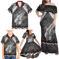 New Zealand Weka Personalised Family Matching Off Shoulder Maxi Dress and Hawaiian Shirt Aotearoa Hen Silver Fern Maori Pattern LT22 - Polynesian Pride