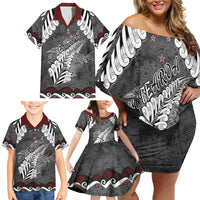 New Zealand Weka Personalised Family Matching Off Shoulder Short Dress and Hawaiian Shirt Aotearoa Hen Silver Fern Maori Pattern LT22 - Polynesian Pride