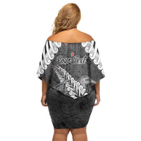 New Zealand Weka Personalised Family Matching Off Shoulder Short Dress and Hawaiian Shirt Aotearoa Hen Silver Fern Maori Pattern LT22 - Polynesian Pride