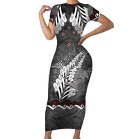 New Zealand Weka Personalised Family Matching Short Sleeve Bodycon Dress and Hawaiian Shirt Aotearoa Hen Silver Fern Maori Pattern LT22 Mom's Dress Black - Polynesian Pride