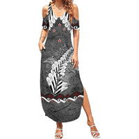New Zealand Weka Personalised Family Matching Summer Maxi Dress and Hawaiian Shirt Aotearoa Hen Silver Fern Maori Pattern LT22 Mom's Dress Black - Polynesian Pride