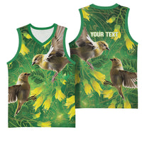 Bellbird New Zealand Personalised Basketball Jersey Kowhai Flower Maori Pattern