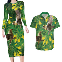 Bellbird New Zealand Personalised Couples Matching Long Sleeve Bodycon Dress and Hawaiian Shirt Kowhai Flower Maori Pattern LT22 Green - Polynesian Pride