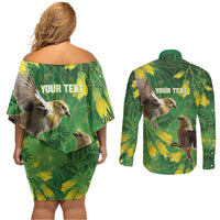 Bellbird New Zealand Personalised Couples Matching Off Shoulder Short Dress and Long Sleeve Button Shirt Kowhai Flower Maori Pattern LT22 - Polynesian Pride