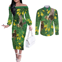 Bellbird New Zealand Personalised Couples Matching Off The Shoulder Long Sleeve Dress and Long Sleeve Button Shirt Kowhai Flower Maori Pattern LT22 Green - Polynesian Pride