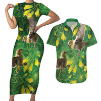 Bellbird New Zealand Personalised Couples Matching Short Sleeve Bodycon Dress and Hawaiian Shirt Kowhai Flower Maori Pattern LT22 Green - Polynesian Pride
