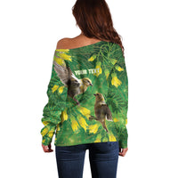 Bellbird New Zealand Personalised Off Shoulder Sweater Kowhai Flower Maori Pattern