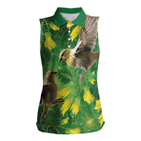 Bellbird New Zealand Personalised Women Sleeveless Polo Shirt Kowhai Flower Maori Pattern LT22 Female Green - Polynesian Pride