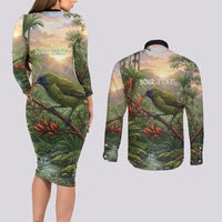 Bellbird New Zealand Personalised Couples Matching Long Sleeve Bodycon Dress and Long Sleeve Button Shirt Korimako Harakeke Flower Native Forest LT22 - Polynesian Pride