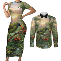 Bellbird New Zealand Personalised Couples Matching Short Sleeve Bodycon Dress and Long Sleeve Button Shirt Korimako Harakeke Flower Native Forest LT22 Green - Polynesian Pride