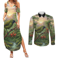 Bellbird New Zealand Personalised Couples Matching Summer Maxi Dress and Long Sleeve Button Shirt Korimako Harakeke Flower Native Forest LT22 Green - Polynesian Pride