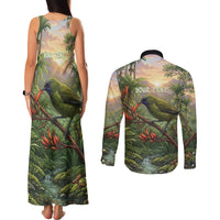 Bellbird New Zealand Personalised Couples Matching Tank Maxi Dress and Long Sleeve Button Shirt Korimako Harakeke Flower Native Forest LT22 - Polynesian Pride
