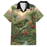 Bellbird New Zealand Personalised Family Matching Mermaid Dress and Hawaiian Shirt Korimako Harakeke Flower Native Forest LT22 Dad's Shirt - Short Sleeve Green - Polynesian Pride