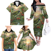 Bellbird New Zealand Personalised Family Matching Off The Shoulder Long Sleeve Dress and Hawaiian Shirt Korimako Harakeke Flower Native Forest LT22 - Polynesian Pride