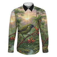 Bellbird New Zealand Personalised Family Matching Off Shoulder Maxi Dress and Hawaiian Shirt Korimako Harakeke Flower Native Forest LT22 Dad's Shirt - Long Sleeve Green - Polynesian Pride