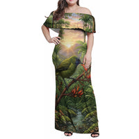 Bellbird New Zealand Personalised Family Matching Off Shoulder Maxi Dress and Hawaiian Shirt Korimako Harakeke Flower Native Forest LT22 Mom's Dress Green - Polynesian Pride