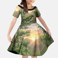 Bellbird New Zealand Personalised Family Matching Summer Maxi Dress and Hawaiian Shirt Korimako Harakeke Flower Native Forest LT22 Daughter's Dress Green - Polynesian Pride