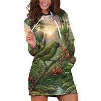 Bellbird New Zealand Personalised Hoodie Dress Korimako Harakeke Flower Native Forest LT22 Green - Polynesian Pride