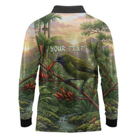 Bellbird New Zealand Personalised Long Sleeve Polo Shirt Korimako Harakeke Flower Native Forest LT22 - Polynesian Pride